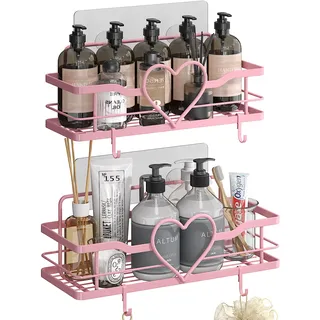 OYRREU Rosa Duschablage Duschregal Ohne Bohren–2 Stück Haken Set für Bad | 4 Stabile Haken, Starker Saugnapf, Kleber Bathroom Shower Shelf, Kein Bohren Badregal Für Bad, Küche & Mehr Organizer