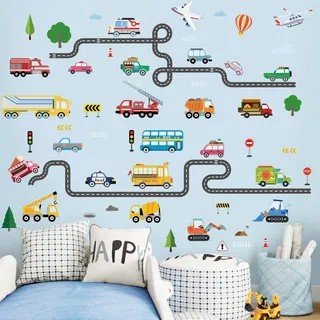 SHUCHING Wandtattoo Fahrzeuge Auto, Wandsticker Transporte Straße, Selbstklebend Wandaufkleber für Kinderzimmer Schlafzimmer Spielzimmer