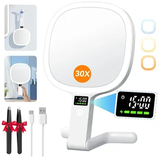 Auxmir Kosmetikspiegel mit Beleuchtung LED Display für Zeit/Akku/Helligkeit, 30X / 1X Schminkspiegel mit 3 Farben, Faltbar Vergrößerungsspiegel Reisespiegel Tischspiegel mit Licht für Zuhause Reise