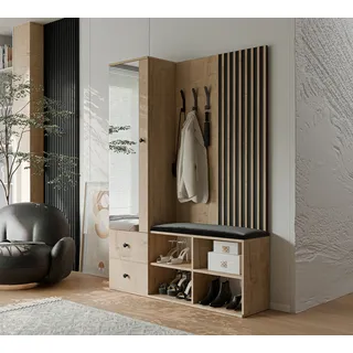 Idohome - Garderobe LUCA mit Sitzbank und Spiegel, Schuhschrank, Haken, Kleiderständer, Lamellen - Farbe Artisan Eiche 129x196x30 cm - Braun