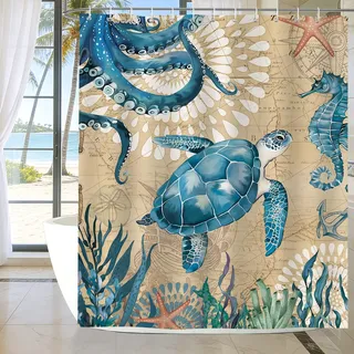 hometrixx Retro Meer Duschvorhang Schildkröte Seepferdchen Oktopus 180x180 | Wasserdicht Polyester, Maschinenwaschbar, Badevorhänge mit 12 Ringe, Schimmelresistent Badezimmervorhang für Dusche Bad