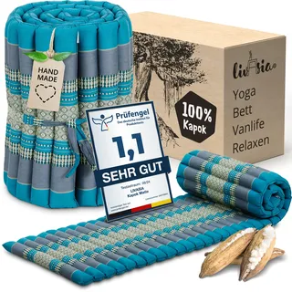 livasia Rollmatte Rollmatratze L-200x110x4,5cm, Gästebett Gästematratze 1 Person, Reisebett Kofferraum Outdoor, Thaimatte Kapok, Garten Balkon handgefertigt rubinrot