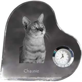 Chausie - Kristalluhr mit Katzenbild, Herzregal-Uhr, personalisierte Standuhr von Art-Dog.