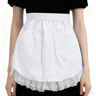 MANJIAMEI Weiße Dienstmädchen Schürze mit Spitzenbesatz Retro Cosplay Kostüm Taillen Schürze für Frauen Küchen Schürze zum Halbschürze Zubehör für Dienstmädchen Kostüm Party Kellnerin Bistro Café