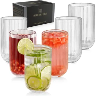 TKNO Gerippte Highball-Gläser, hoch, für Wasser, Gin, Saft, Cocktail, Trinkgläser, Origami-Stil, geriffelt, ideal für Zuhause, Restaurant, Veranstaltungen und Partys, 6 Stück