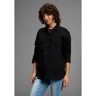 Hemdjacke KANGAROOS, Damen, Gr. 32/34, blau (schwarz), Web, Obermaterial: 70% Viskose, 25% Polyester, 5% Elasthan, figurumspielend hüftbedeckend, abgesteppt, Jacken Hemdjacke, Overshirt mit Knopfleiste