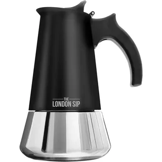 The London Sip Espressokocher Induktion geeignet, Mokkakanne aus Edelstahl, Espressokanne 6 Tassen (300 ml), Moka Pot für alle Herdarten geeignet, Schwarz