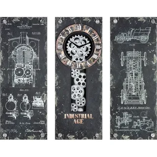 Gilde 3tlg. Set, Wanduhr, rechteckig, "Steampunk", Zahnradmotiv, Metall, schwarz, VE 1, L. 5 cm, B. 69 cm, H. 60 cm 50289 - Schwarz