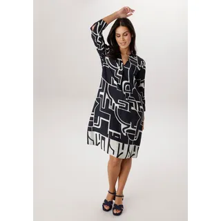 Blusenkleid ANISTON SELECTED, Damen, Gr. 40, N-Gr, marine, wollweiß, Web, Obermaterial: 100% Viskose, bedruckt, gemustert, lässig geschnitten knieumspielend, V-Ausschnitt, 1-Knopf-Manschette, Kleider Blusenkleid, mit abstraktem, labyrinthartigem Linienmuster - NEUE KOLLEKTION