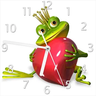 Wallario Design Wanduhr Verliebter Froschkönig mit großem Herz aus Echtglas, Größe 20 x 20 cm - Weiß