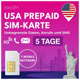 travSIM USA SIM Karte | T-Mobile Netz | Unbegrenzte Daten, Anrufe & Texte in den USA | SIM Karte USA funktioniert auf iOS & Android Geräten | SIM USA 5 Tage