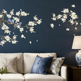 milaosk Wandaufkleber Blumen Weiß Wandtattoo Magnolien Vögeln | Selbstklebend DIY Aufkleber Ast Wandsticker Wanddeko für Wohnzimmer Schlafzimmer Erwachsene
