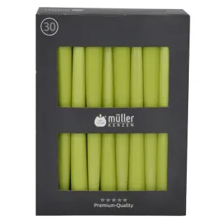 Müller Kerzen Spitzkerzen, maigrün, Gepresste Stabkerzen mit konisch geformten Fuß, 1 Packung = 30 Stück, (Ø x H): 22 x 245 mm