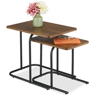Relaxdays Satztisch, 2er Set, Holzoptik, Metall, Industrial Beistelltisch, Wohnzimmer, Couchtisch, Dunkelbraun/schwarz