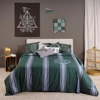Belum Bettbezug Harry Potter, Bettbezug mit Knöpfen 100% Baumwolle, gestreift, Modell Slytherin für Betten mit 120 cm (200 x 200 cm)