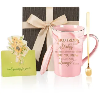 Best Friend Birthday Gifts for Women – Friendship Present for Women, BFF Gift Idea for Female Besties | 400ml Pink Marble Ceramic Gold Print Coffee Mug with Spoon, Lid, Card & Gift Box