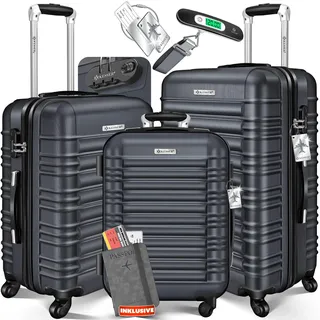 KESSER® 3tlg. Hartschalenkofferset Hartschalenkoffer Reisekoffer Set Reisekofferset Trolley Koffer Inkl. Kofferwaage + Gepäckanhänger Rollkoffer Schloss 4 Rollen ABS-Hartschale Teleskopgriff M-L-XL - Grau