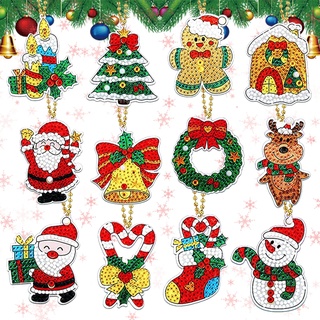 YICHEN 12 Stücke Weihnachten Diamant Malerei Schlüsselanhänger 5D DIY Diamond Painting Keychain Weihnachtsbaum Schlüsselring Weihnachtsmann Schlüsselbund für Tasche Geldbörse Anhänger Geschenk