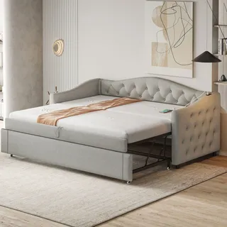 Flieks Polsterbett 90x200cm mit Ausziehbett 90x190cm, Tagesbett Daybed Funktionsbett mit Lattenrost, Jugendbett mit USB, Holzbett Leinen, Grau - Grau