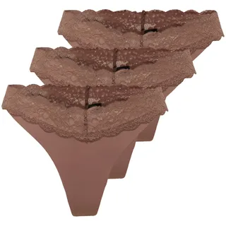 Tanga ONLY "ONLCHLOE LACE S.S THONG 3-PACK ACC", Damen, Gr. XS (34), 3 Stk., braun (cognac pack:x3), Obermaterial: 75% Nylon, 25% Elasthan, unifarben, figurbetont, Unterhosen Tanga
