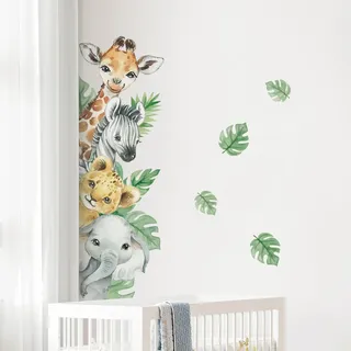 Tanlaby Wandtattoo Tiere Dschungel Cartoon Wandsticker Kinderzimmer Safari | Giraffe Zebra Elefant Grüne Blätter Waldtiere Wandaufkleber für Kinder Jungen Babyzimmer Wohnzimmer Schlafzimmer Wanddeko