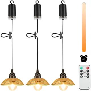 Lightsjoy 3er Boho Hängelampe mit Batterie Outdoor Indoor Hängeleuchte Batteriebetrieben Dimmbar mit Fernbedienung IP65 Wasserdicht Pendelleuchte Ohne Stromanschluss für Innen Außen Garten Balkon