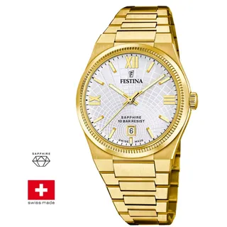 Herrenuhr FESTINA Swiss Made Klassisch Stahl Golden Saphir