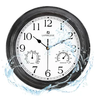 Lafocuse 30cm Outdoor Wasserdicht Wanduhr mit Thermometer und Hygrometer, Vintage Schwarz Wanduhr Ohne Tickgeräusche Deko für Garten Küche Verandas Badezimmer