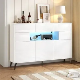 Schmales LED Sideboard Hochglanz Weiß 140 cm, Hohe Kommode mit App Steuerung, 3 Schubladen und LED Beleuchtung, Modernes Möbel für Wohnzimmer