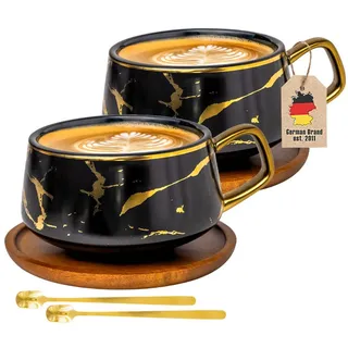 Intirilife Kaffeetasse Marmor Design 200 ml mit Untersetzer (2-tlg.) , Schwarz , Keramik , 4-teilig , 0.2 L , 13x6.3x13 cm , leicht zu reinigen , Geschirr, Tassen, Tassen Sets