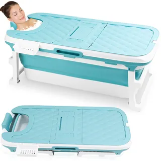 Jopassy 128cm Faltbare Badewanne Erwachsene mit Seifenkorb, Nackenkissen, Fussmassageroller, Praktisch und Tragbar,Spa - Blau