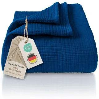 LAYNENBURG Premium Musselin Tagesdecke 220x240 cm XXL - 100% Baumwolle - extraweiche Baumwolldecke als Kuscheldecke, Bett-Überwurf, Sofa-Überwurf, Couch-Überwurf - warme Sofa-Decke (Blau)
