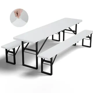 GFCC Bierzeltgarnitur Auflagen Set 3-teilig aus 1 Hussen für Biertische und 2 Bierbankhussen,Elastische Hussen für Biertischgarnitur Waschbare für Outdoor-Bankette(Weiß,220x50cm)