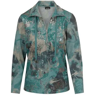 Sweatshirt GOLDNER "Kurzgröße Troyer mit glänzendem Print", Damen, Gr. 21, grün (graugrün, gemustert), Obermaterial: 60% Polyester PES. 35% Baumwolle CO. 5% Elasthan EL., Gerade, Sweatshirts Sweatshirt, Tunnelzug mit Kordelstoppern am Stehkragen