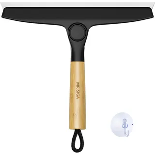 MR.SIGA Allzweck-Silikonabzieher für Duschtür, Spiegel, Glas, Streifenfreier Duschabzieher, Schwenkbarer Bambusgriff, inkl. 1 Saughaken, 25,4 cm Breit, Schwarz, 1 Packung