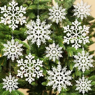 36 Stück Weihnachten weiße Schneeflocke Ornamente Kunststoff Glitzer Schneeflocken Ornamente für Winter Weihnachtsbaum Dekorationen Größe variiert Handwerk Schneeflocken