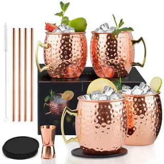 Yoassi Moscow Mule Becher, 4er Set Kupferbecher Mug Kupfer ink. 4 x Silkon Untersetzer, 4 x Strohhalme, 1 x Shotglas, 1 x Strohbürste Cocktailgläser Geschenk für Bar, Party, Hausparty