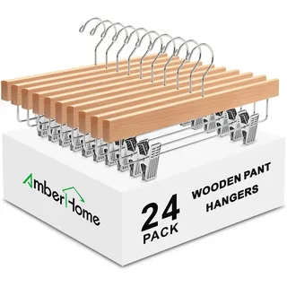 Amber Home 24 Stück natürliche hölzerne Hosenbügel mit Clips, Holzrock-Kleiderbügel, Hosenbügel für Jeans, Hosen, Shorts mit 2 verstellbaren Clips (Natur, 24 Stück)