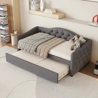 Schlafsofa mit Bettfunktion, Lattenrost und Gästebett, 90x200 cm, Einzelbett, Polsterbett, Leinen - Grau