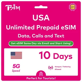 USA eSIM 10 Tage. Unbegrenzte High-Speed-Daten, lokale Anrufe & SMS in den USA (Hawaii inklusive). Kein Warten auf ein Paket erforderlich! eSIM noch am selben Tag per E-Mail erhalten und sofort nutzen