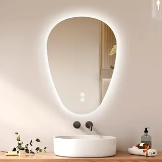 EMKE Asymmetrischer Spiegel LED Badspiegel mit Beleuchtung 80 x 60 cm Touch-Schalter, 3 Lichtfarben Dimmbar, Beschlagfrei Badezimmerspiegel mit Beleuchtung IP44 Energiesparend