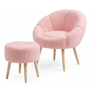 Hanah Home Elegantes Ohrensessel- und Hocker-Set (2-teilig), Rosa | 100% melaminbeschichtet, 18 mm dick | Superweicher Schaumstoff, Beine aus Eschenholz