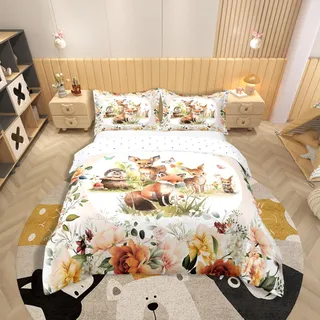 Loussiesd Kinder Hirsch Fuchs Rabbit Baumwolle Bettwäsche Set 135x200cm Jungs Mädchen Cartoon Tier Bettwäsche Blume Floral Drucken Bettwäsche Bauernhof Zoo Wildtierstil Dekor Bettdeckenbezug