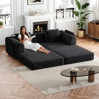 okwish Zweiteiliges Set 2-in-1 Schlafsofa Loungesofa Relaxsofa mit Armlehnen und Ablagefach,Klappsofa Tagesbett mit Stahlrahmen und rutschfeste Unterlage,Schwarz - Schwarz