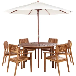 BELIANI Gartenmöbel Set Hellbraun Akazenholz 8-Teilig Runder Tisch  150 cm mit 6 Stühlen und 1 Sonnenschirm Runstikales Design Outdoor Terrasse Garten - Braun, Beige