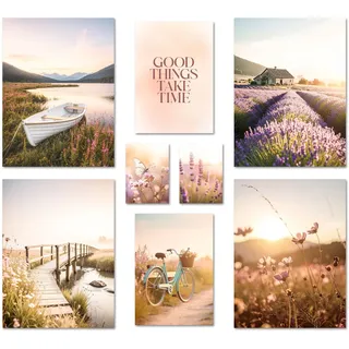 ARTFAVES® Poster Set - VINTAGE LAKE SUMMER - mehrteilige Wanddeko Wohnzimmer & Schlafzimmer - 8 moderne Wandbilder sommer, frühling, sonnenuntergang, landschaft, natur, provence - ohne Bilderrahmen