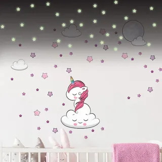 Wandsticker für Kinder, Dekoration für Babyzimmer, Wandsticker für Kinder, Motiv: verträumtes Einhorn und 70 Sterne (60 x 65 cm) + 100 Aufkleber Sterne im Dunkeln
