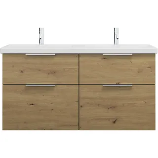 burgbad Eqio Keramik-Doppelwaschtisch inklusive Waschtischunterschrank mit 4 Schubladen, Breite 1230mm, SEYT123F5662C0001G0146, Farbe: Eiche Dekor Urban / Eiche Dekor Urban, Griff Chrom G0146
