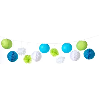heimtexland ® Party Deko Set Pompoms Papier Lampions Wabenbälle Dekoration Hochzeit Taufe Geburtstag Girlande Hängedeko Typ863 Grün Blau 12 Teile - Blau