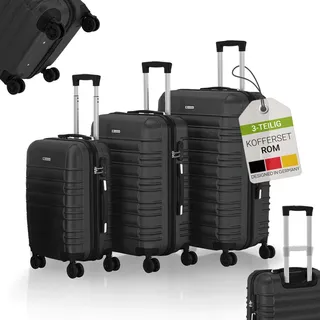 Juskys Hartschale Kofferset Reisekoffer 3 teilig - Zahlenschloss, geräuscharme 360° Rollen groß, Teleskopgriff, leicht - Koffer in Schwarz - Schwarz